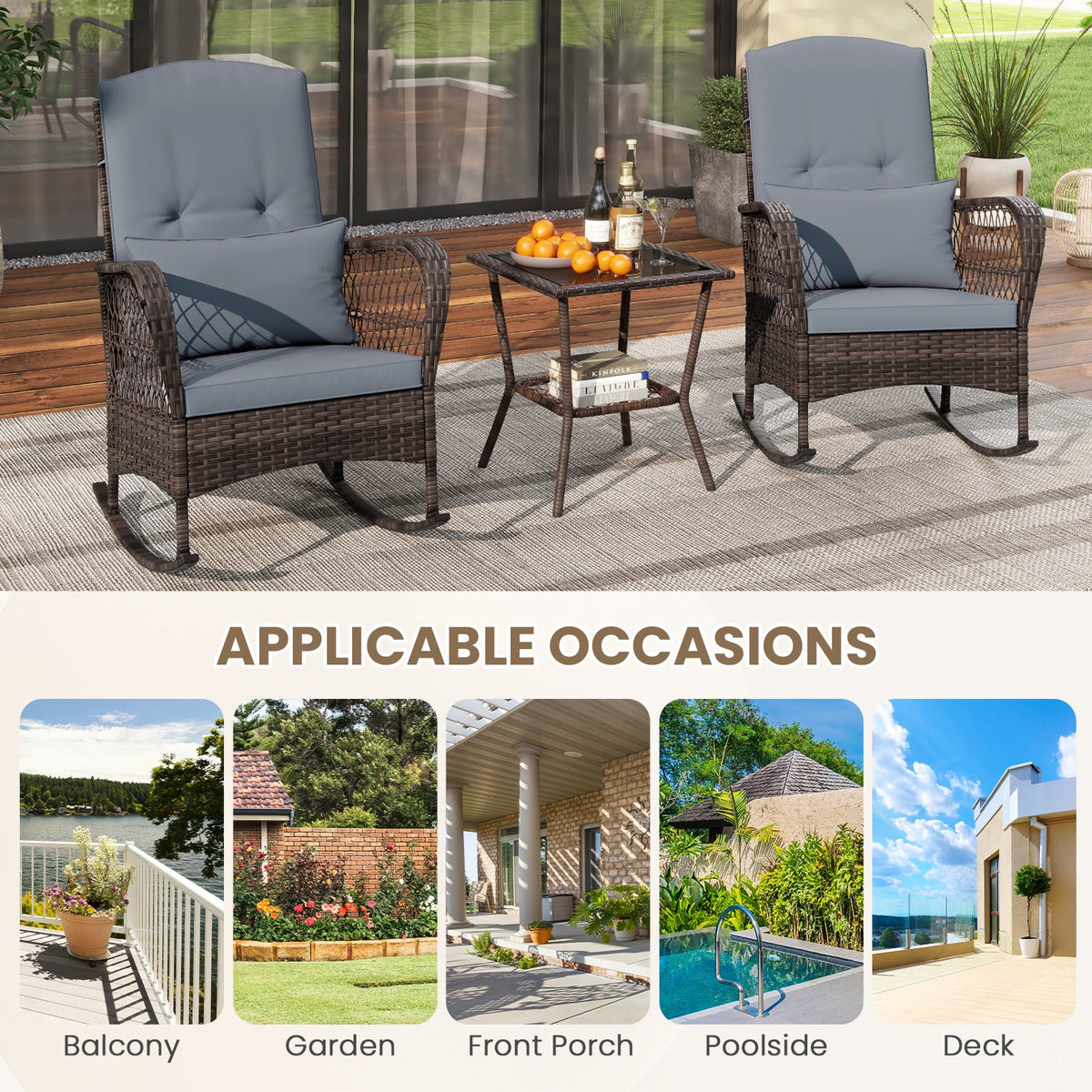 3 Pieces Rocking Bistro Set with 2-Tier Coffee Table