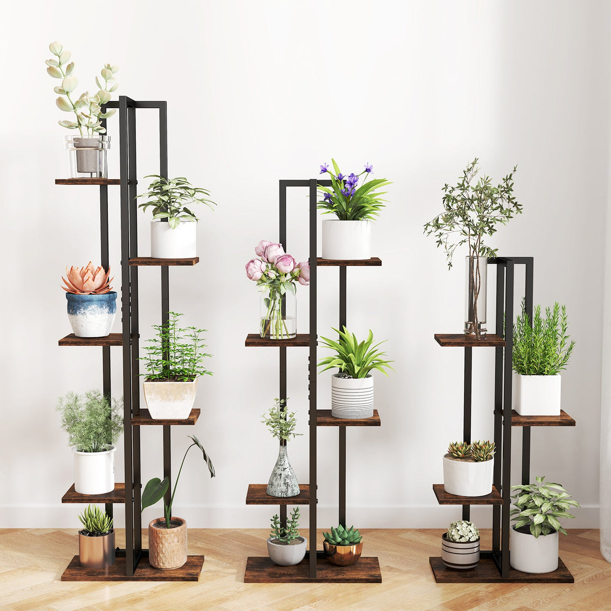 3 Pieces Tall Wood Plant Stand Set 4+5+6-Tier Indoor Flower Stands-Rustic Brown