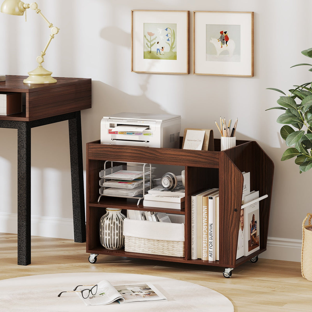 3-Tier Side End Table with Universal Wheels-Walnut