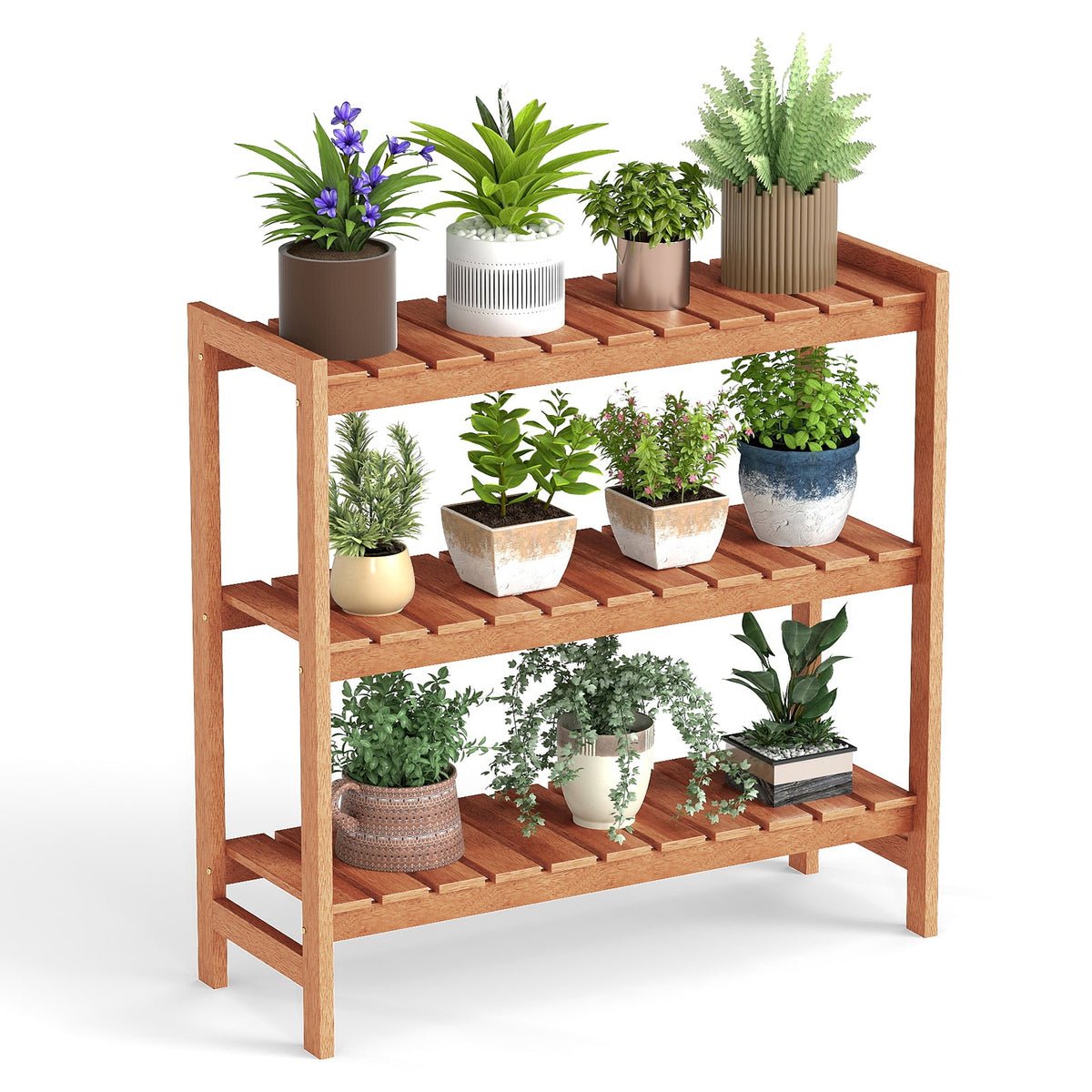 3-Tier Solid Wood Plant Stand with Slatted Shelves