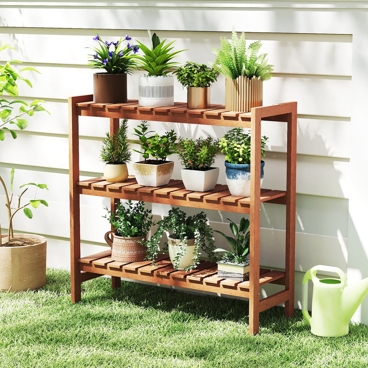 3-Tier Solid Wood Plant Stand with Slatted Shelves