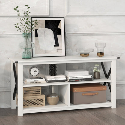 3 Tier Wood TV Stand for 55-Inch with Open Shelves and X-Shaped Frame
