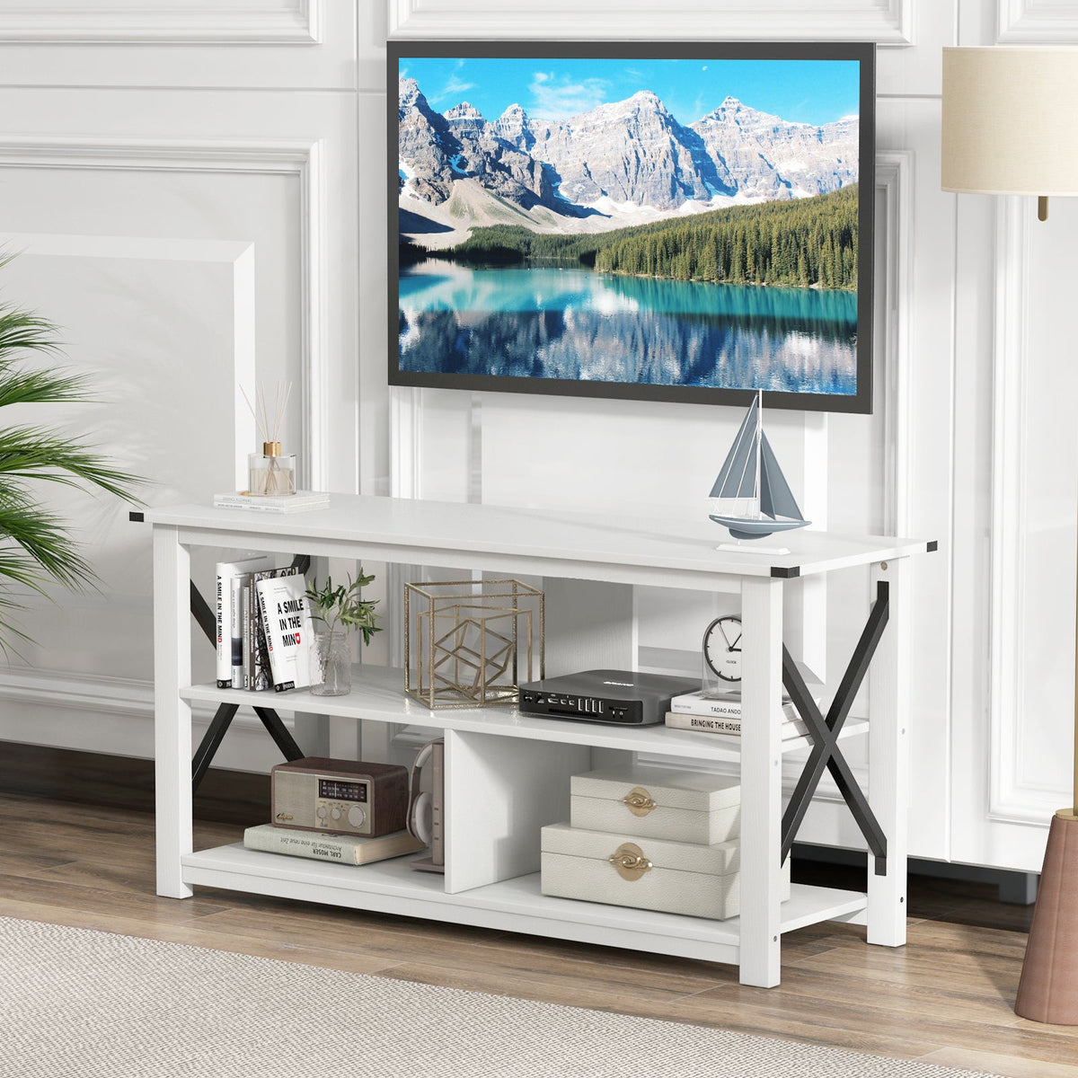3 Tier Wood TV Stand for 55-Inch with Open Shelves and X-Shaped Frame