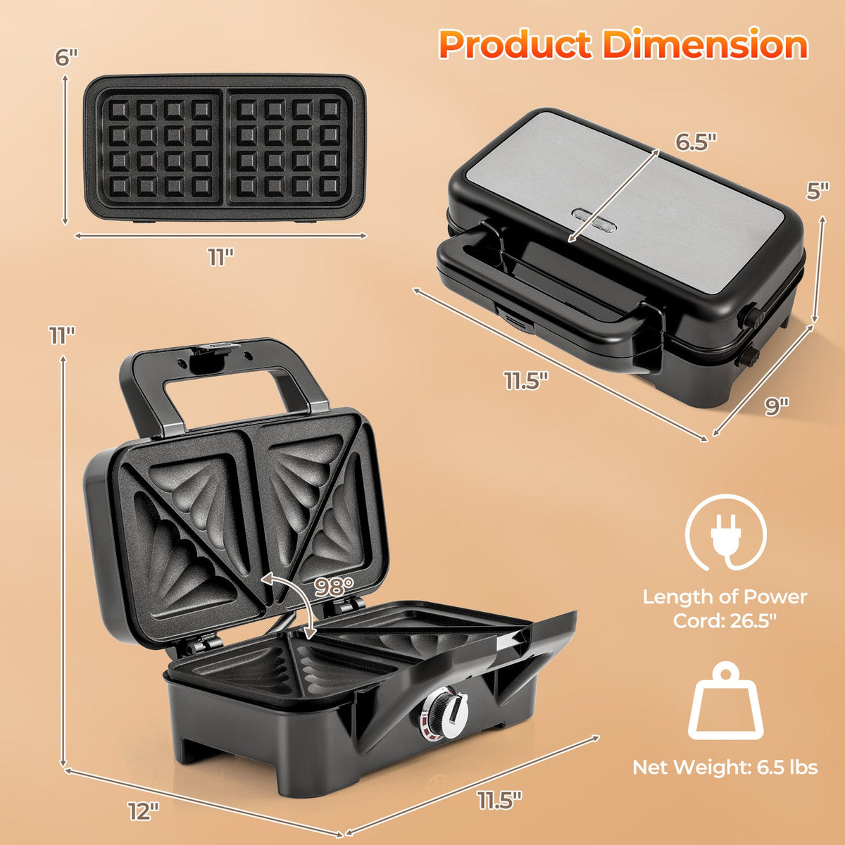 3-in-1 1082W Sandwich Maker with Removable Non-Stick Plates-Black