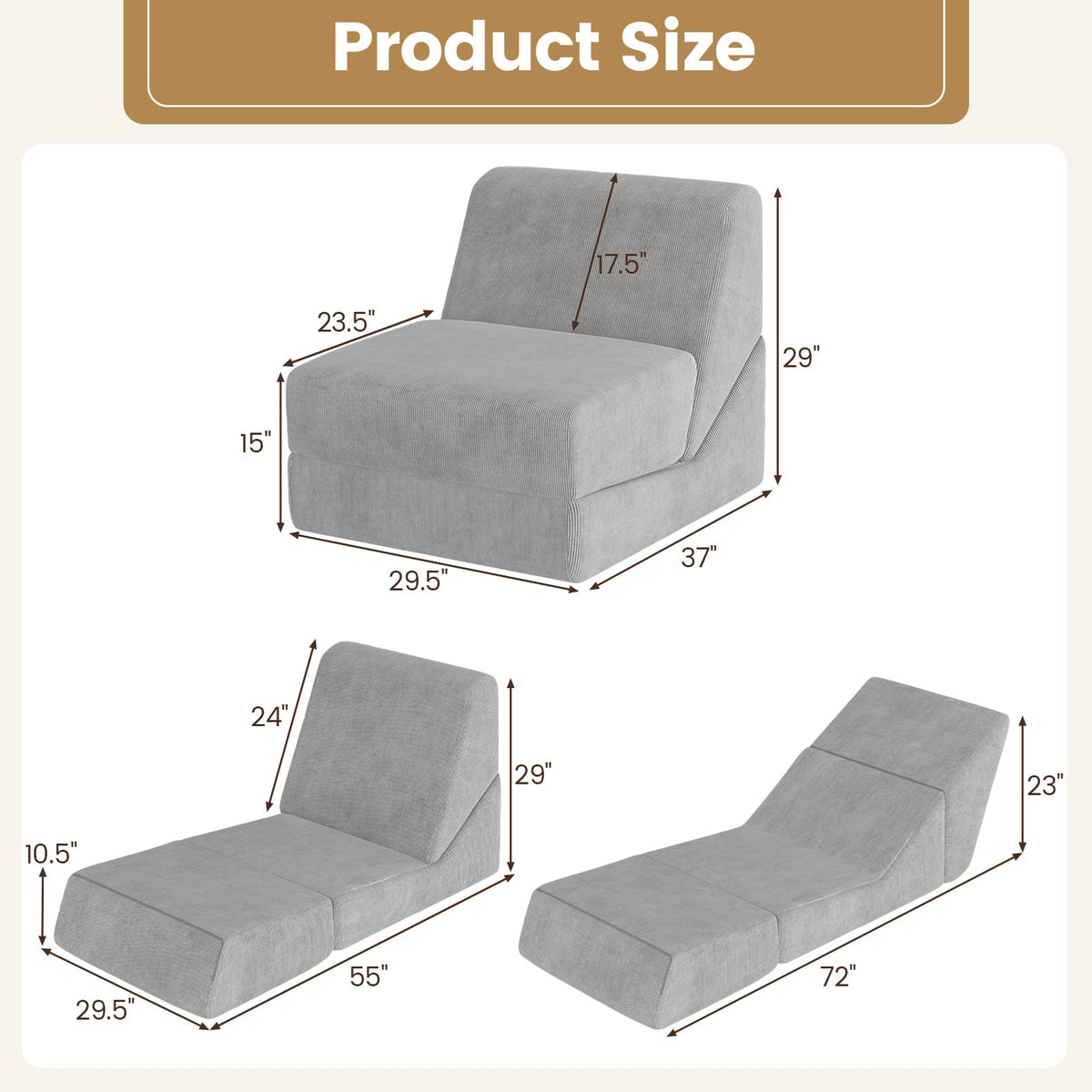 3-in-1 Folding Sofa Bed with Washable Zippered Cover-Gray