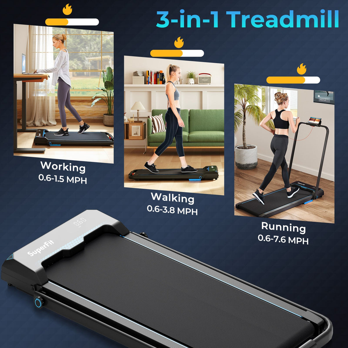 3 in 1 Folding Treadmill with Remote Control and LED Display