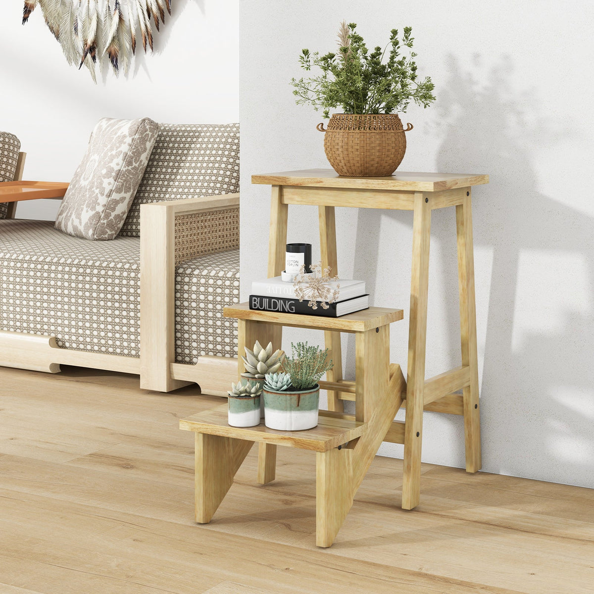 3-in-1 Rubber Wood Step Stool with Convenient Handle-Natural