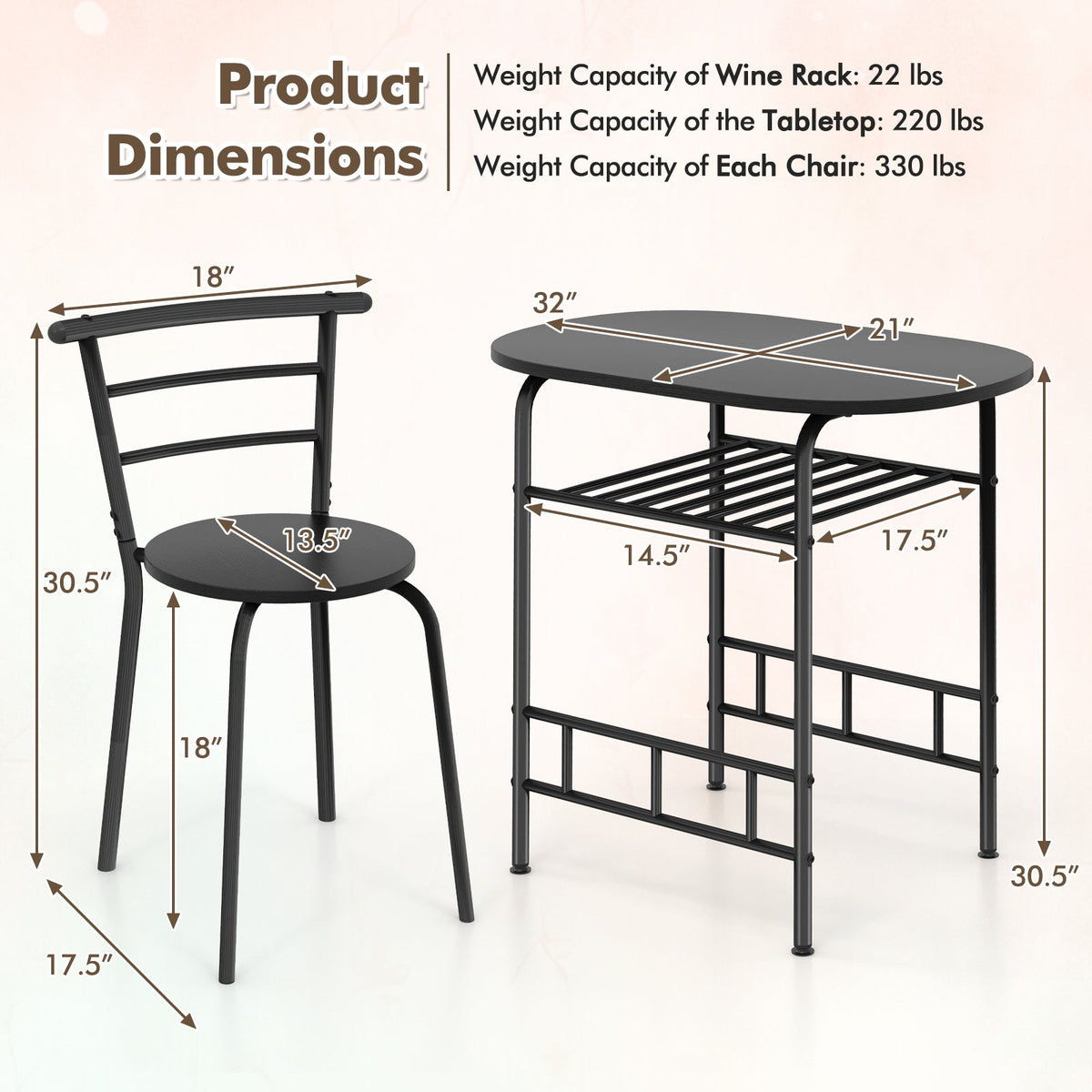 3 pcs Home Kitchen Bistro Pub Dining Table 2 Chairs Set