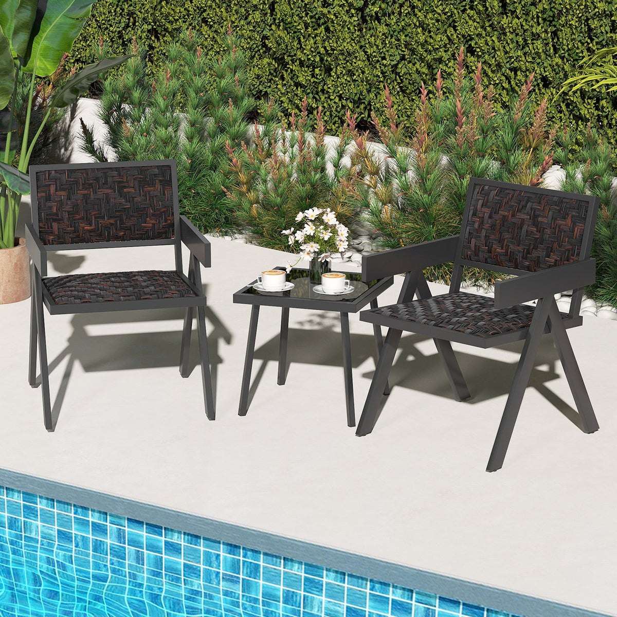 3 Pieces Patio PE Wicker Bistro Set with Quick-Drying Foam-Black