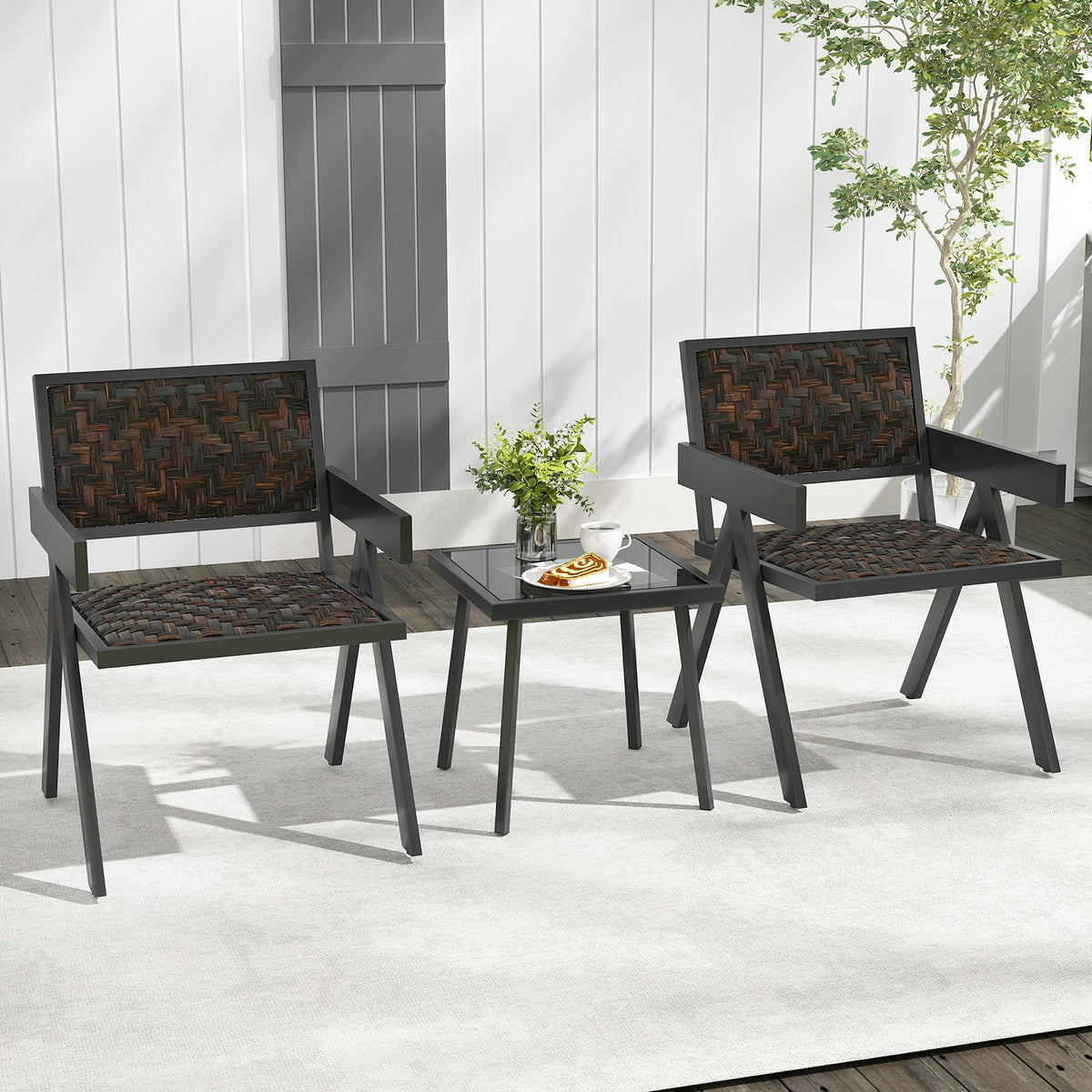 3 Pieces Patio PE Wicker Bistro Set with Quick-Drying Foam-Black