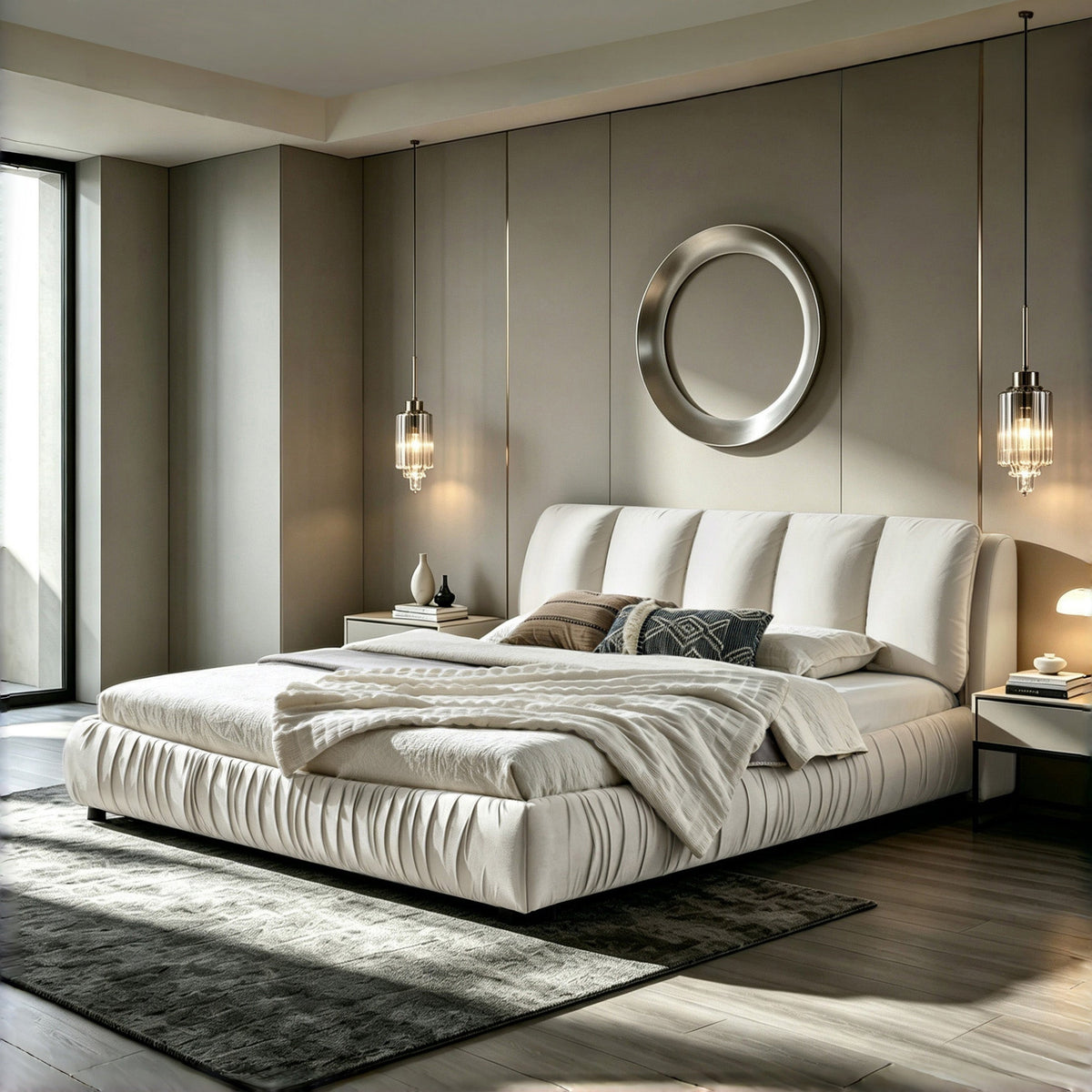 King Size Upholstered Bed Frame with Segmented Sponge Headboard - Dark Blue or Beige