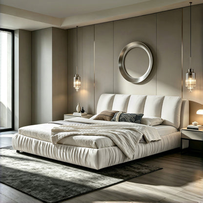King Size Upholstered Bed Frame with Segmented Sponge Headboard - Dark Blue or Beige