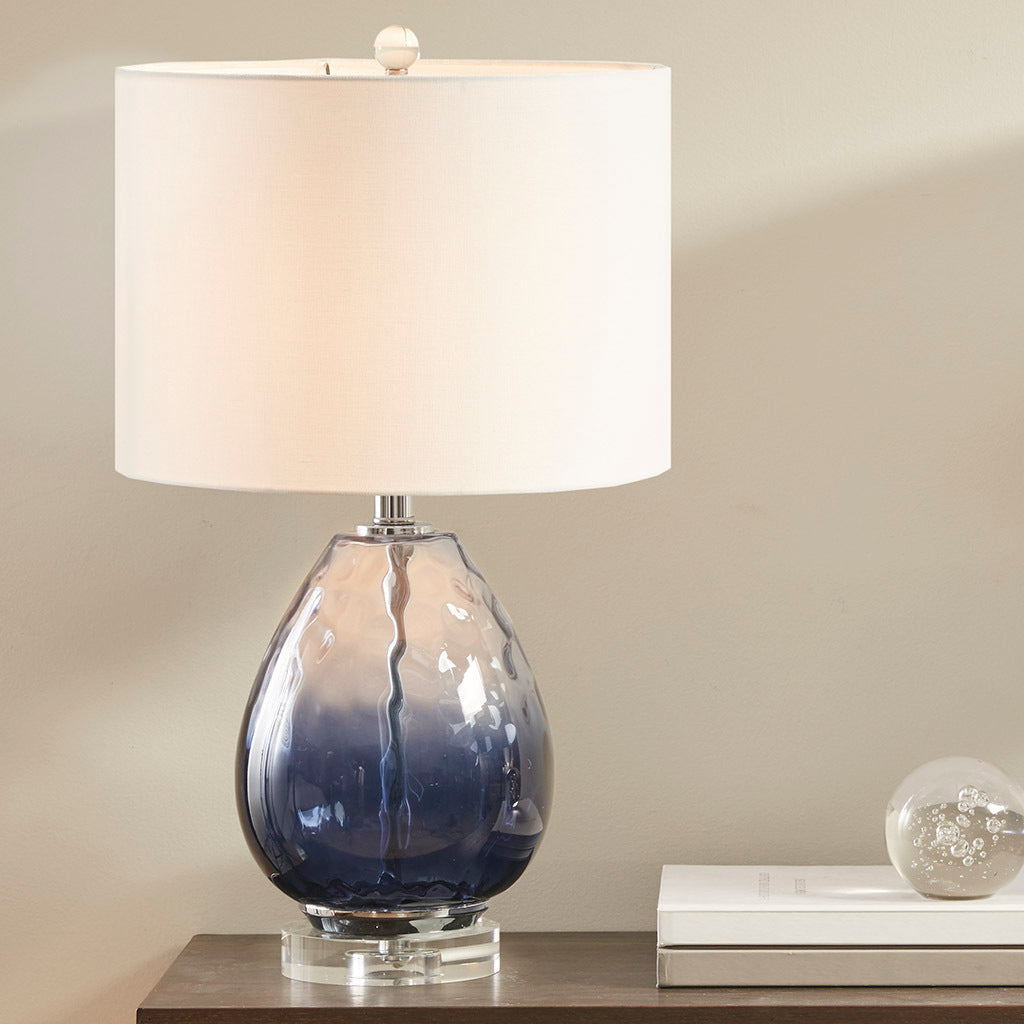 Ombre Glass Table Lamp with Blue Glass Base and Drum Shade