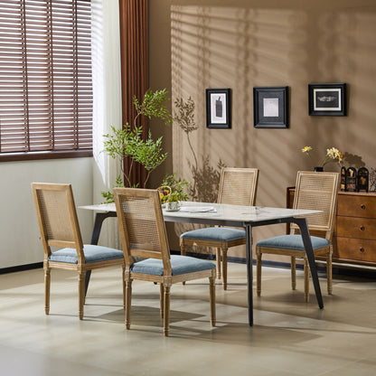 French Country Dining Chair with Rectangular Cane Backrest and Upholstered Seat