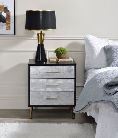 Black Accent Nightstand with Metal Legs and Three Drawers