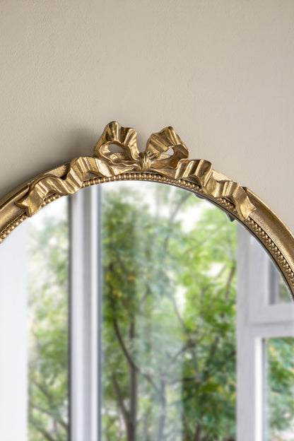 Round Decorative Wood Frame Wall Mirror with Scrollwork Crown - Gold