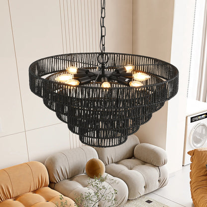 Rustic 5-Tier Hemp Rope Chandelier with 8 Lights - Black