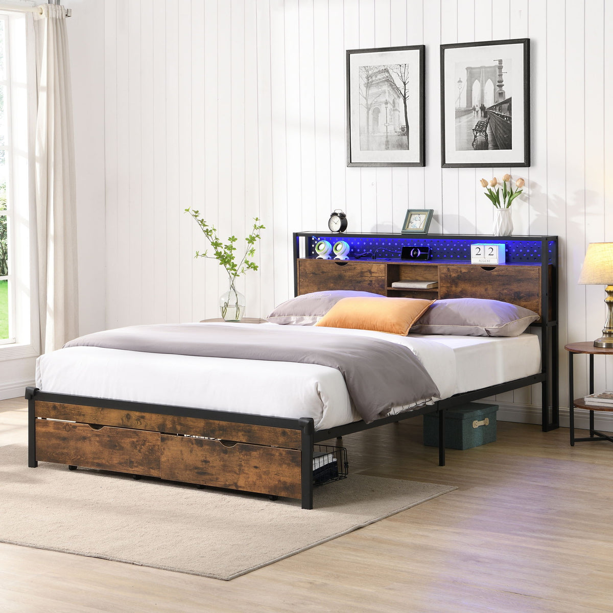 Modern Metal Platform Bed Frame with Storage and USB - Black