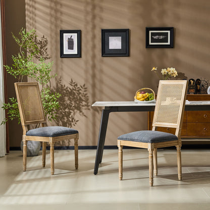 French Country Dining Chair with Rectangular Cane Backrest and Upholstered Seat