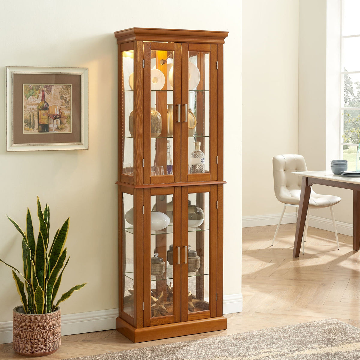 Lighted Curio Cabinet with Adjustable Shelves and Mirrored Back Panel - Dark Brown, Dark Red, Light Brown