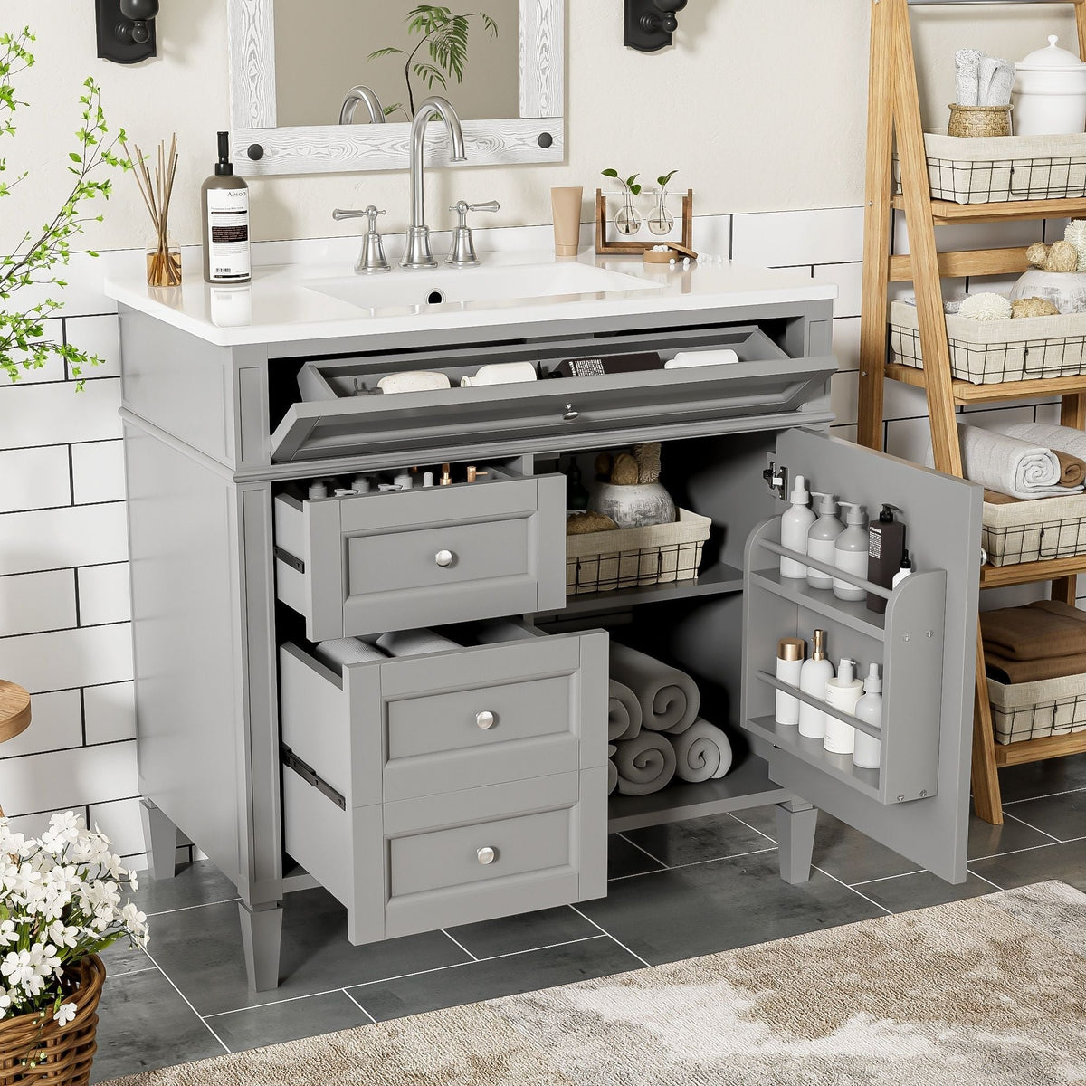 36" Bathroom Vanity with Ceramic Sink and Storage Drawers - Multiple Colors