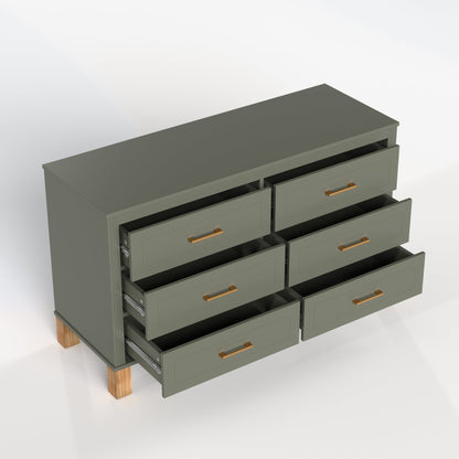 6-Drawer Double Dresser with Solid Wood Legs - Olive