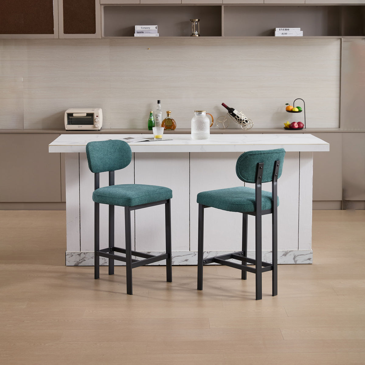 Modern Counter Height Stools Set of 2 with Reinforced Fabric Upholstery - Beige, Orange, Green