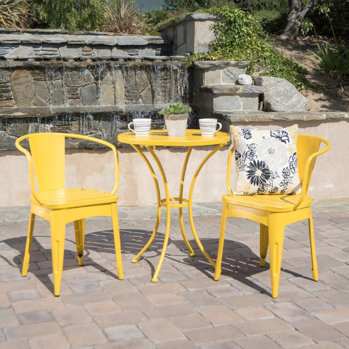 Colmar 3 Piece Metal Outdoor Set with Stackable Armchairs – Light Blue or Yellow