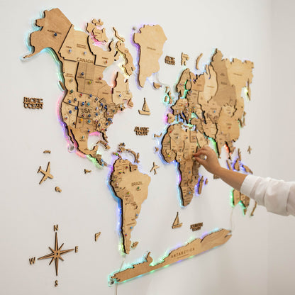 3D LED Wooden World Map 2.0 Gold