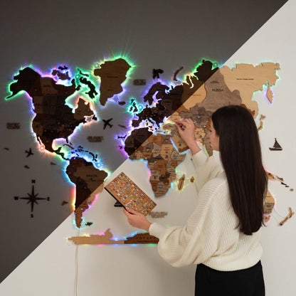 3D LED Wooden World Map 2.0 (with acrylic background)