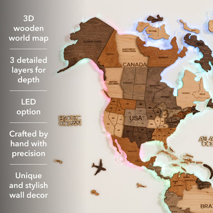 3D LED Wooden World Map 2.0 (with acrylic background)