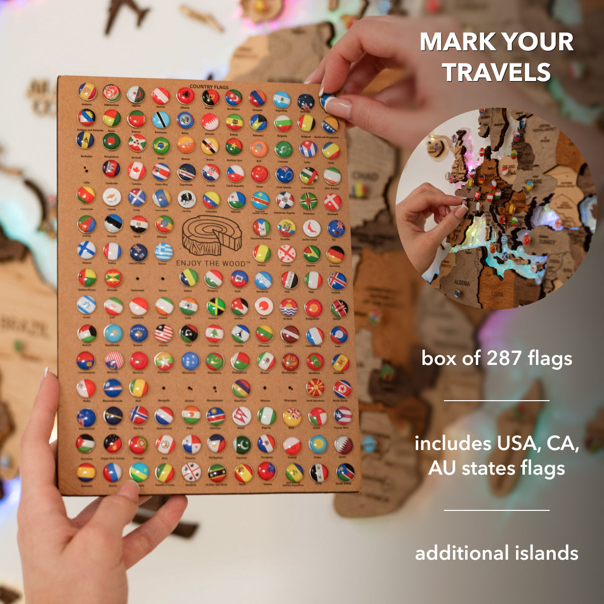 3D LED Wooden World Map 2.0 (with acrylic background)