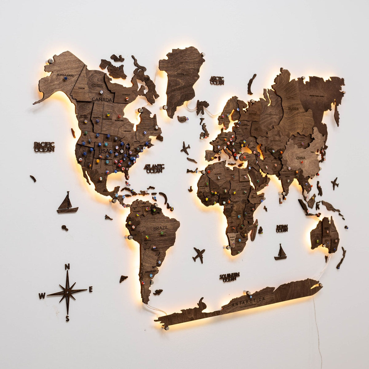 3D LED Wooden World Map 3.0 Dark Walnut