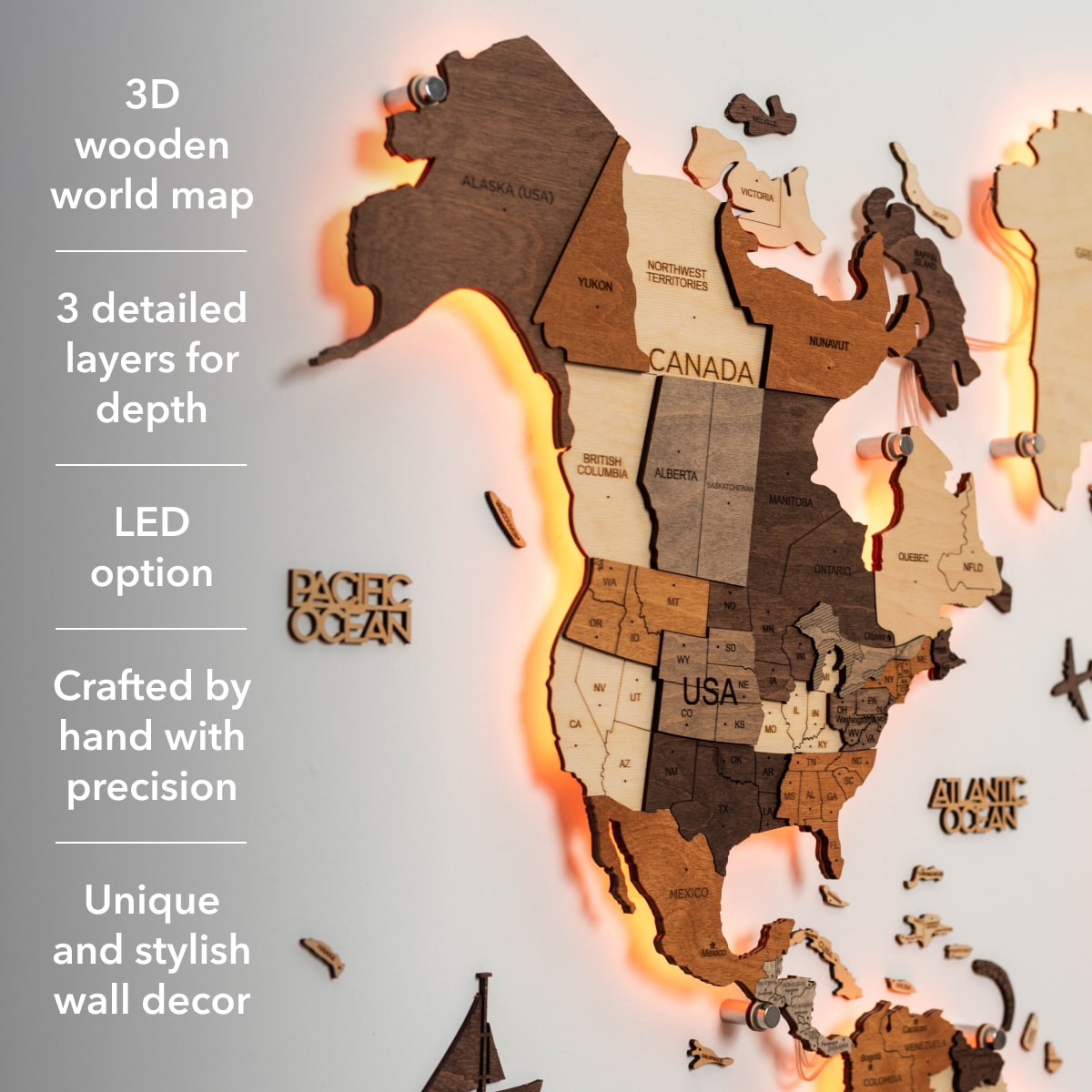 3D LED Wooden World Map 3.0 Multicolor