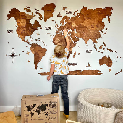 Wall Decor Bundle: 3D Wooden World Map with Flag Pins