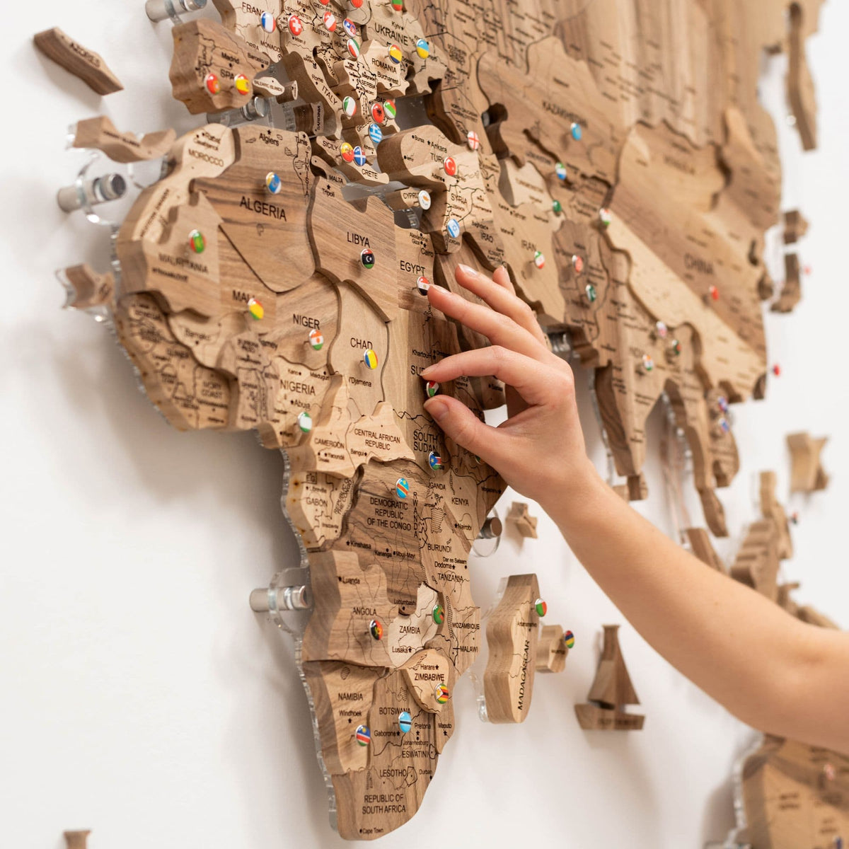 3D Solid Wooden World Map - Walnut