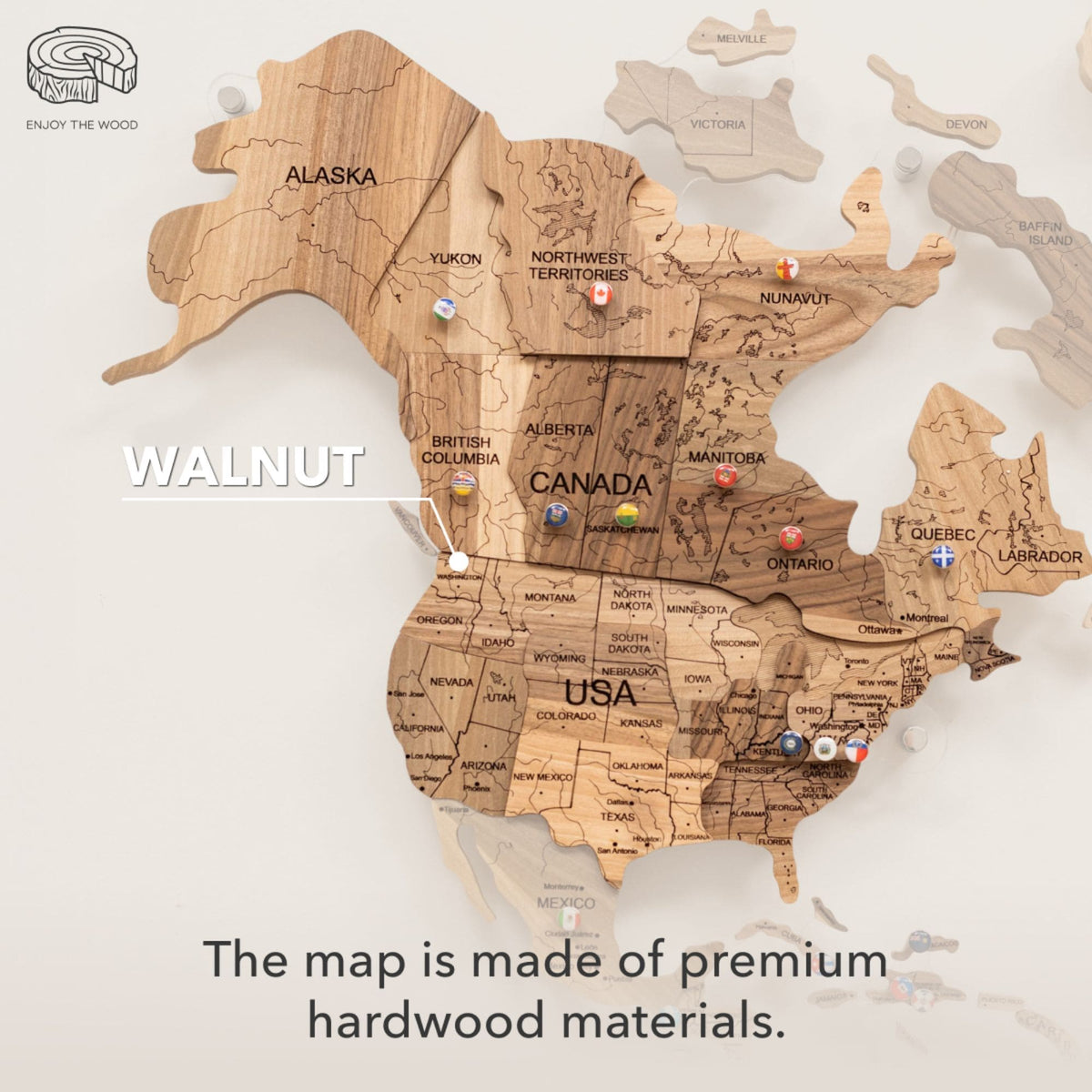 3D Solid Wooden World Map - Walnut