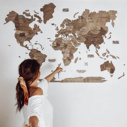 Wall Decor Bundle: 3D Wooden World Map with Flag Pins