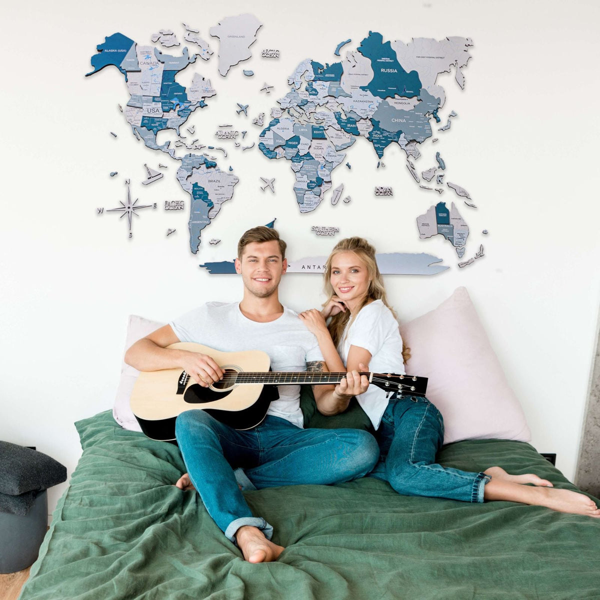 3D Wooden World Map Aqua
