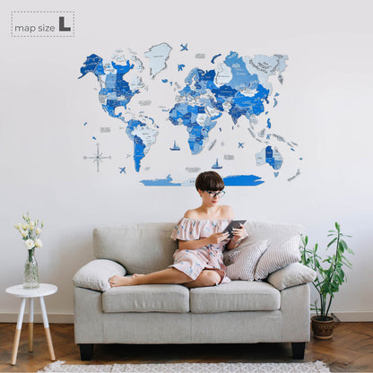 3D Wooden World Map Azure