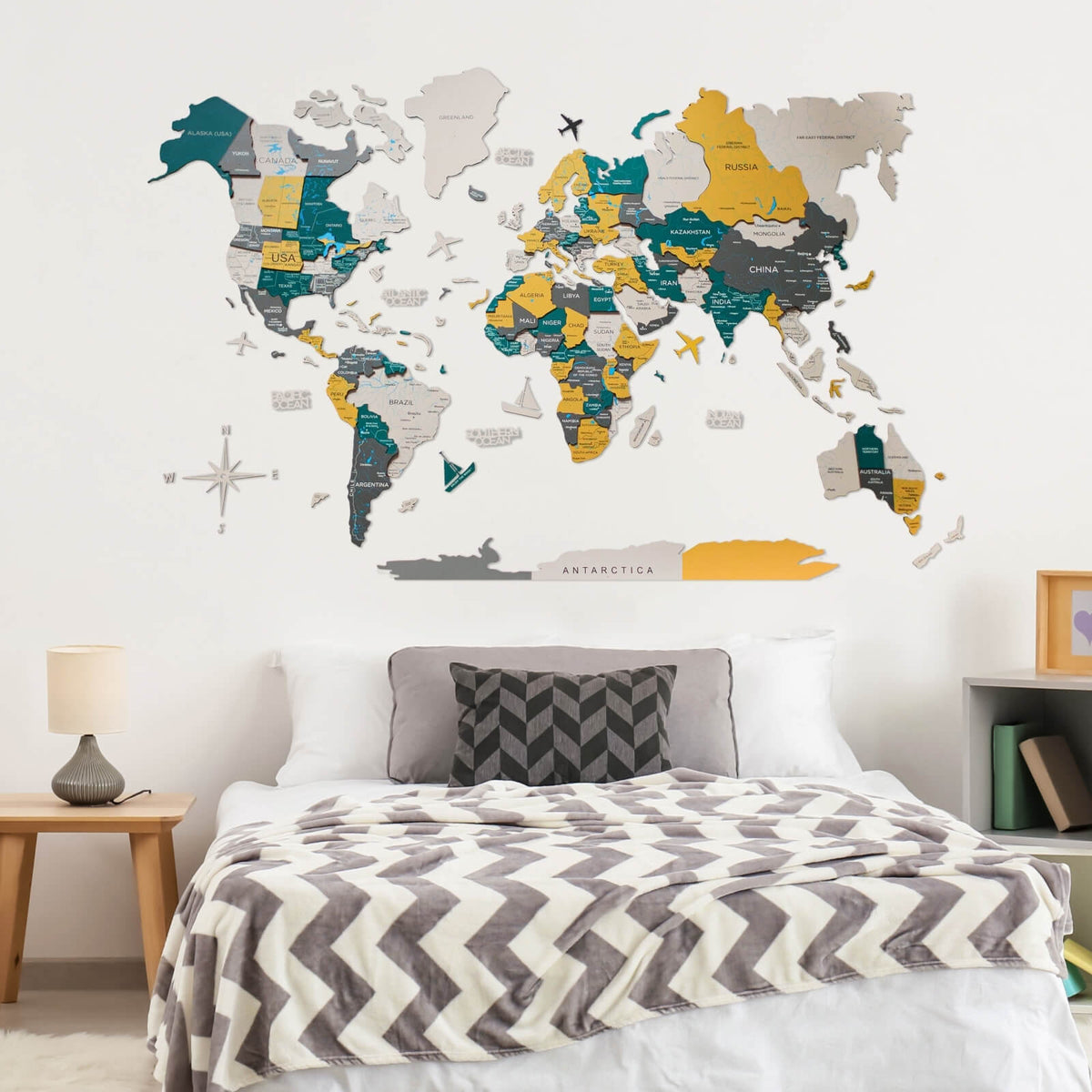 3D Wooden World Map Country