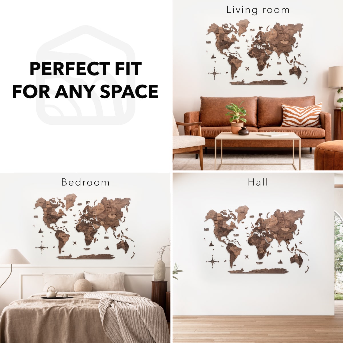 3D Wooden World Map Dark Walnut