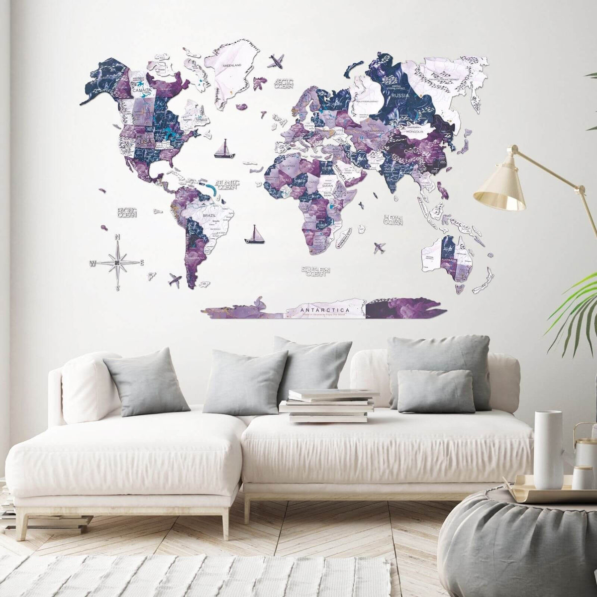 3D Wooden World Map Milky Way