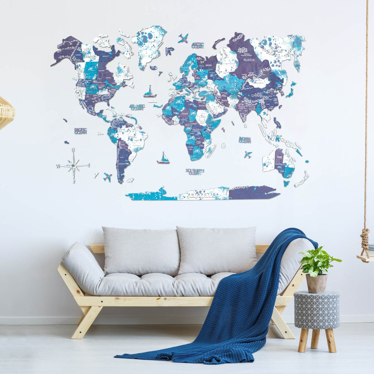 3D Wooden World Map Ocean