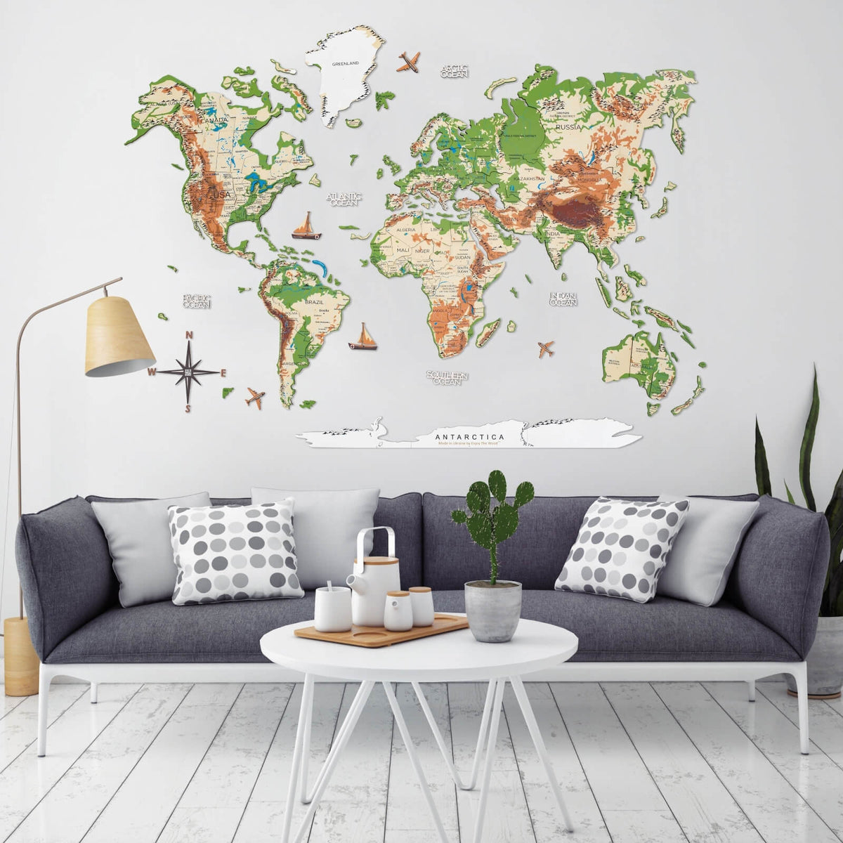 3D Wooden World Map Physical