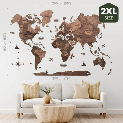 3D Wooden World Map Dark Walnut