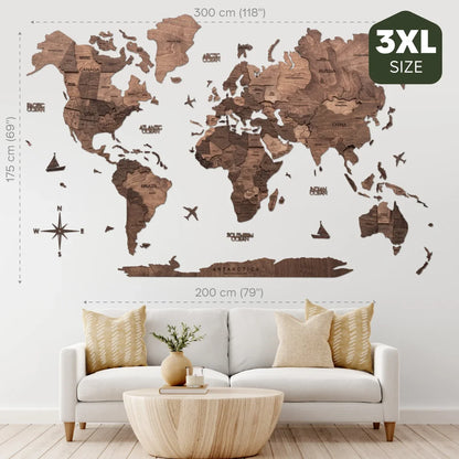 3D Wooden World Map Dark Walnut