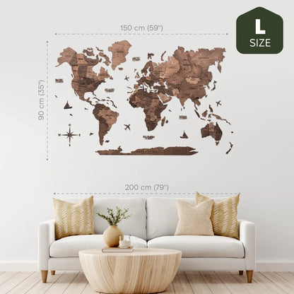 3D Wooden World Map Dark Walnut