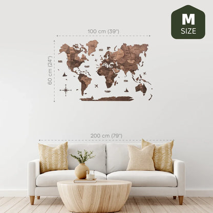 3D Wooden World Map Dark Walnut