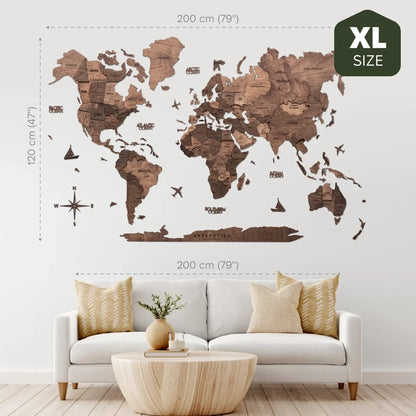 3D Wooden World Map Dark Walnut